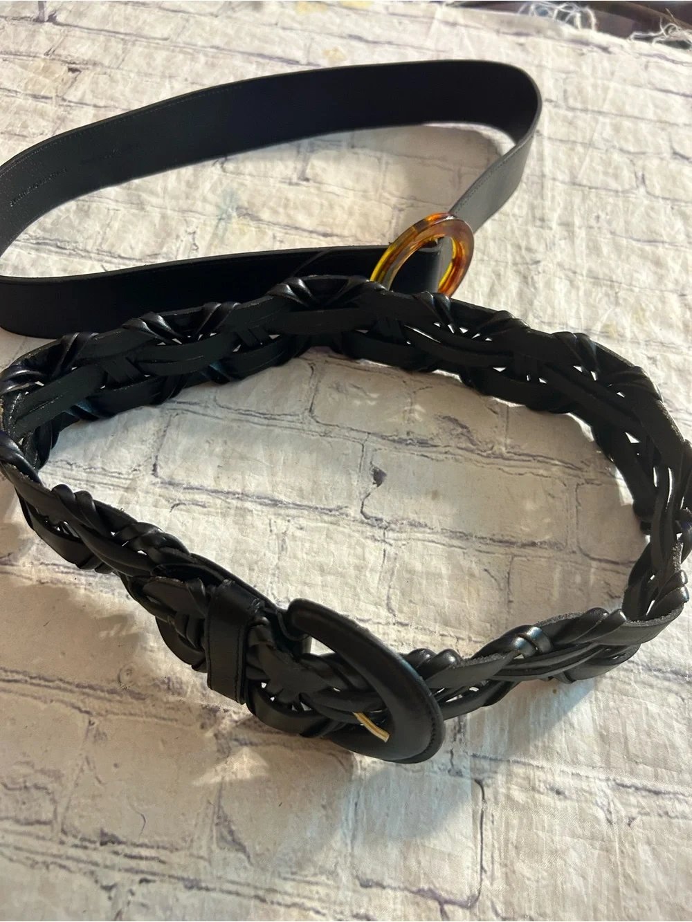 BANANA REPUBLIC VEGAN BLACK WITH TORTOISE SHELL BUCKLE & BLACK LEATHER BELTS